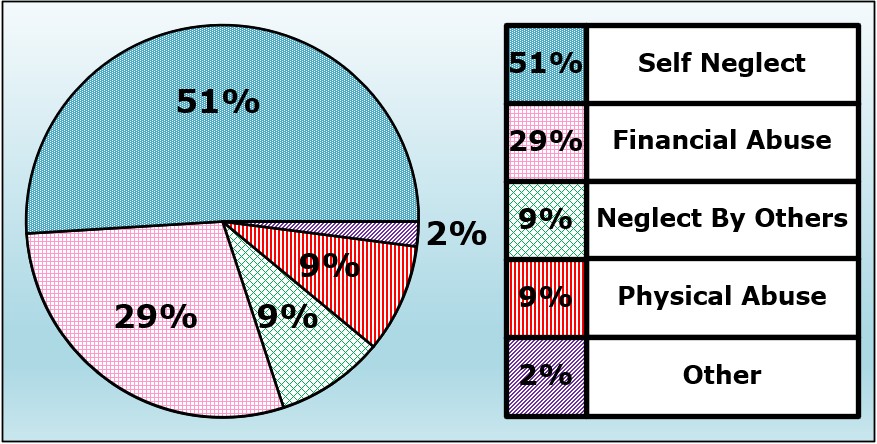 APS Fiscal Year 2024/2025 reporting statistics pie chart showing 51% Self Neglect, 29% Financial Abuse, 9% Neglect By Others, 9% Physical Abuse, 2% Other 